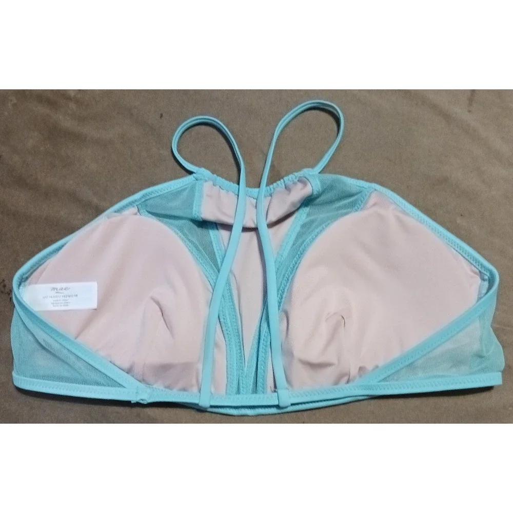NEW Mae‎ Turquiose Mesh Detailed High Neck Halter Bikini Top, Size Large